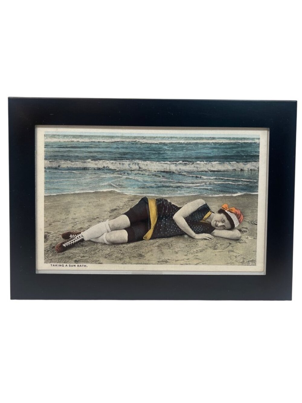 Vintage Beach Scene Framed Print Woman Relaxing On Sand "Taking A Sun Bath" Blac